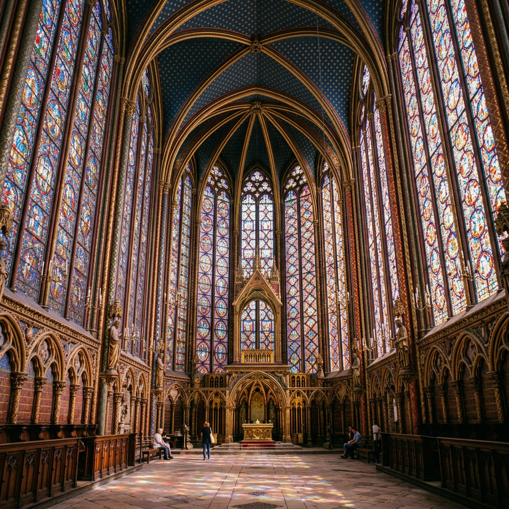 High Gothic stained glass windows illuminating Sainte-Chapelle chapel interior